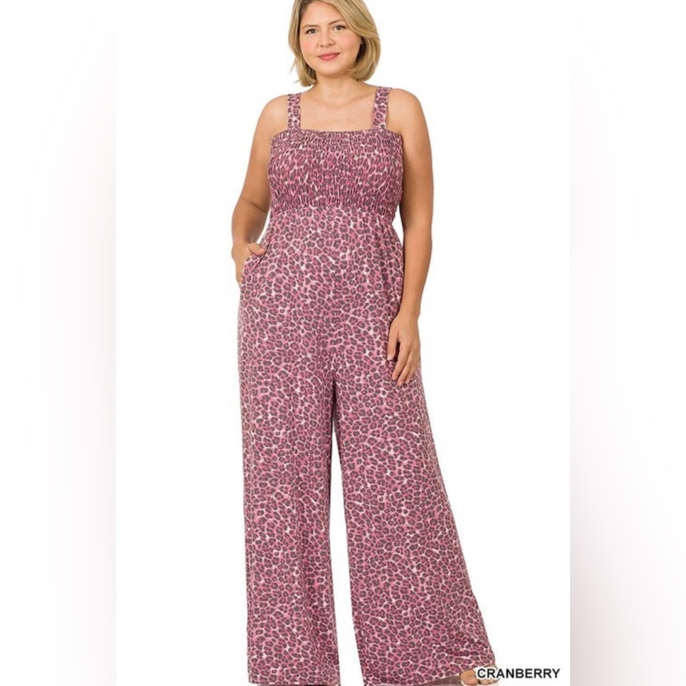 2X Plus Size Leopard Animal Print Smocked Top Wise Leg Jumpsuit